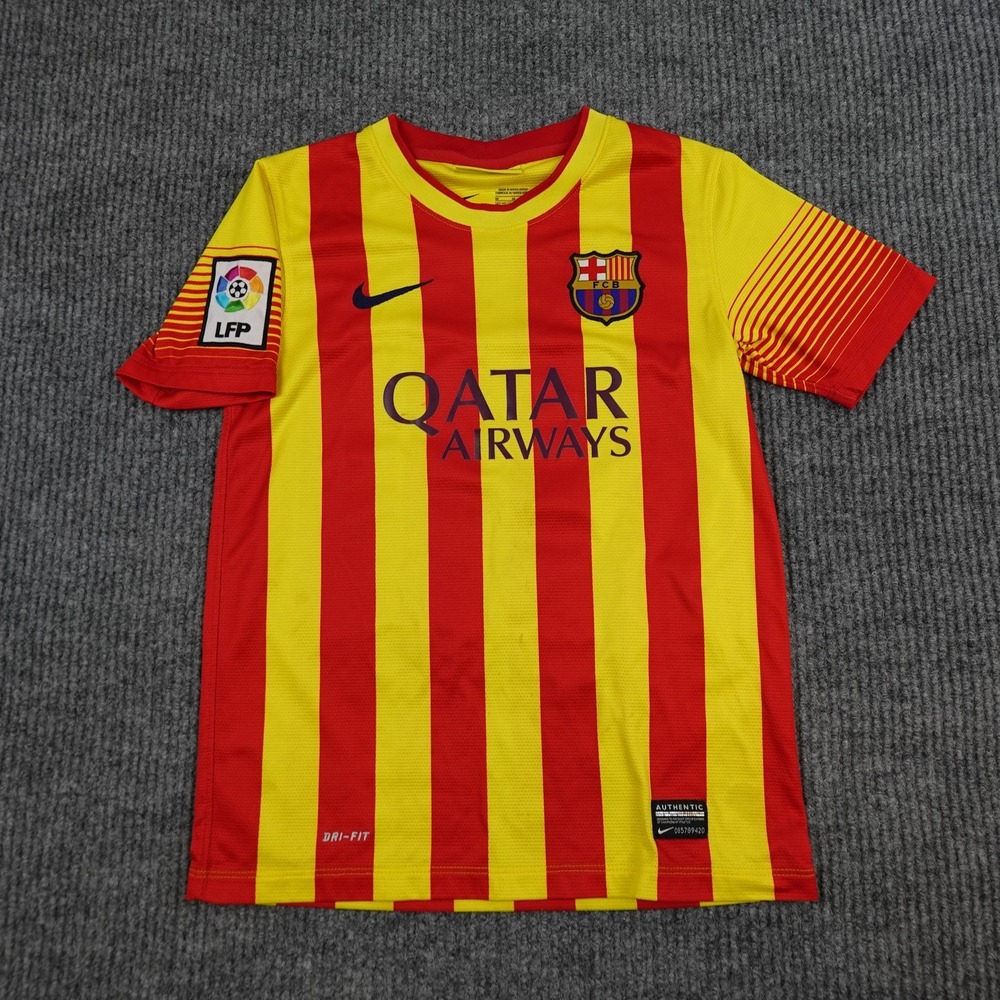 FC Barcelona Jersey Boys Medium Yellow Red La Liga Soccer Nike Dri Fit Messi 10